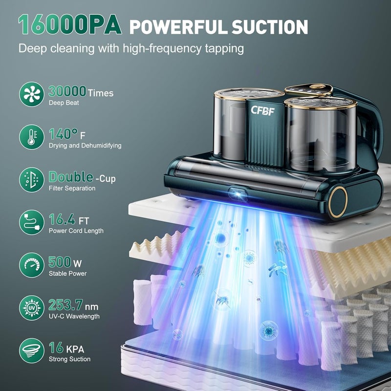 CFBF مكنسة فرشات كهربائية، مكنسة سرير كهربائية بسحب 16Kpa 253.7nm ضوء UV-C، بالموجات فوق الصوتية وسخونة عالية، 500 واط مكنسات يدوية قوية مزدوجة الكوب للسرير، الأريكة، الكنب، سرير الأطفال، سلك بطول 16.4 قدم - Image 2